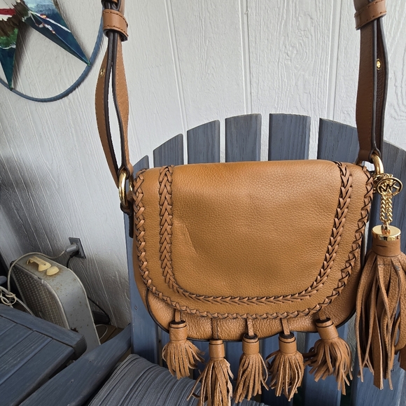 Michael Kors Moroccan Tan Leather Saddle Bag w/ Twisted & Tassle Accents 8x9.75 - Picture 4 of 17